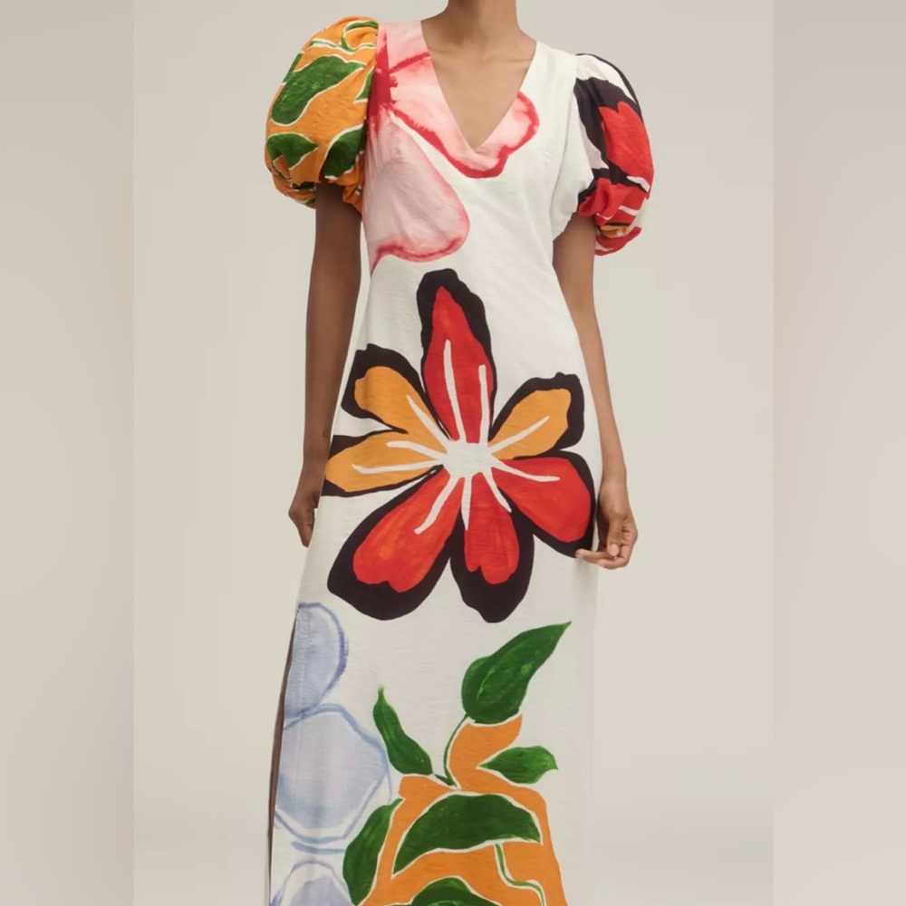 Red and Orange Puff Sleeve Maxi Sundress